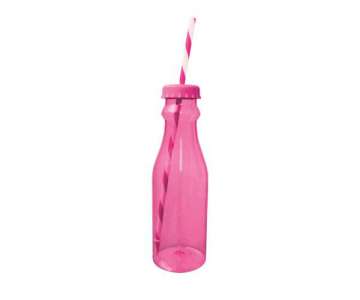 Soda Flasche m. Trinkhalm 70 cl, fuchsia/weiss