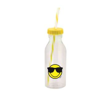 Soda Flasche m. Trinkhalm gelb/Emoticon Cool/Sonnenbri. 55cl