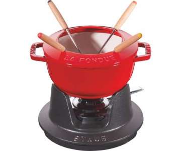 Fondue Set kirschrot m. 2 Griffen, rund. 16 cm