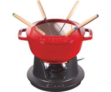 Fondue Set kirschrot m. 2 Griffen, rund. 18 cm