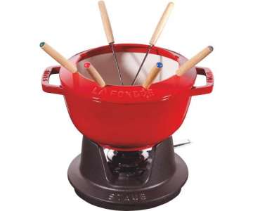 Fondue Set kirschrot m. 2 Griffen, rund. 20 cm